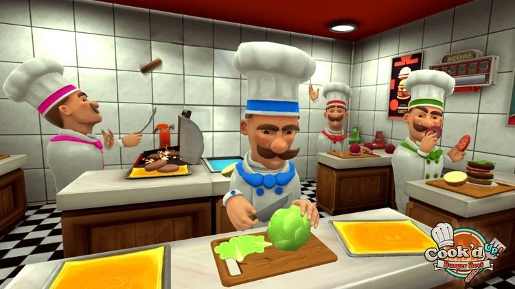 Cartoon chefs in a kitchen preparing food, with one chopping lettuce, others cooking burgers, and a chef tasting a burger. The kitchen has tiled walls, checkered floors, and various cooking utensils. Virtual Reality Games