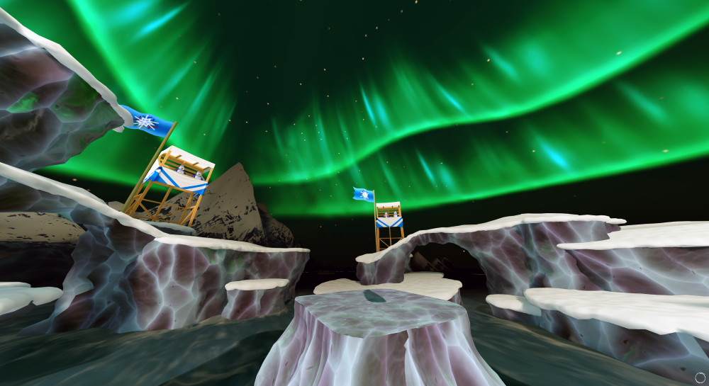 Icebergs and rocky terrain in the Arctic with the northern lights overhead, featuring small wooden structures and flags. A VR slingshot shooter game