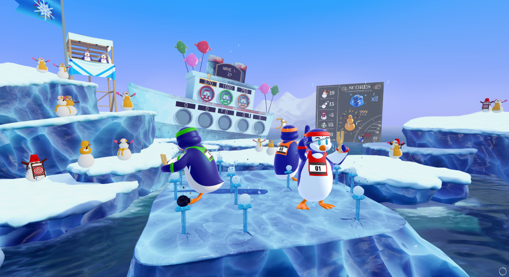 A snow-themed virtual arcade scene with penguin characters and snowman targets. A VR slingshot shooter game