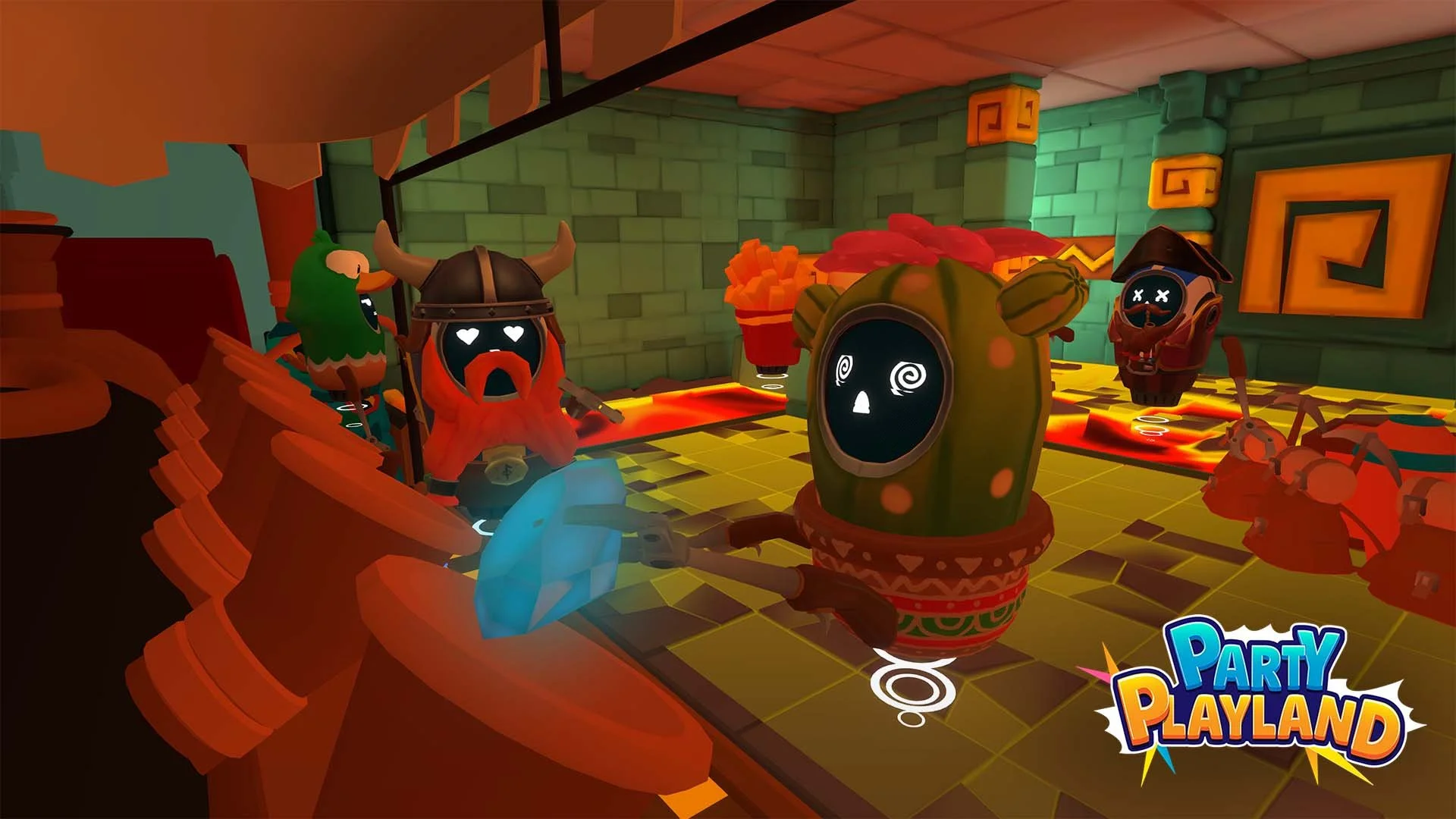 Colorful digital illustration of characters in a fantasy-themed party game setting with a green brick wall background, a lava-like floor, and various cartoonish characters such as a parrot, a viking, a cactus, and a pirate. The image includes the 'Pa