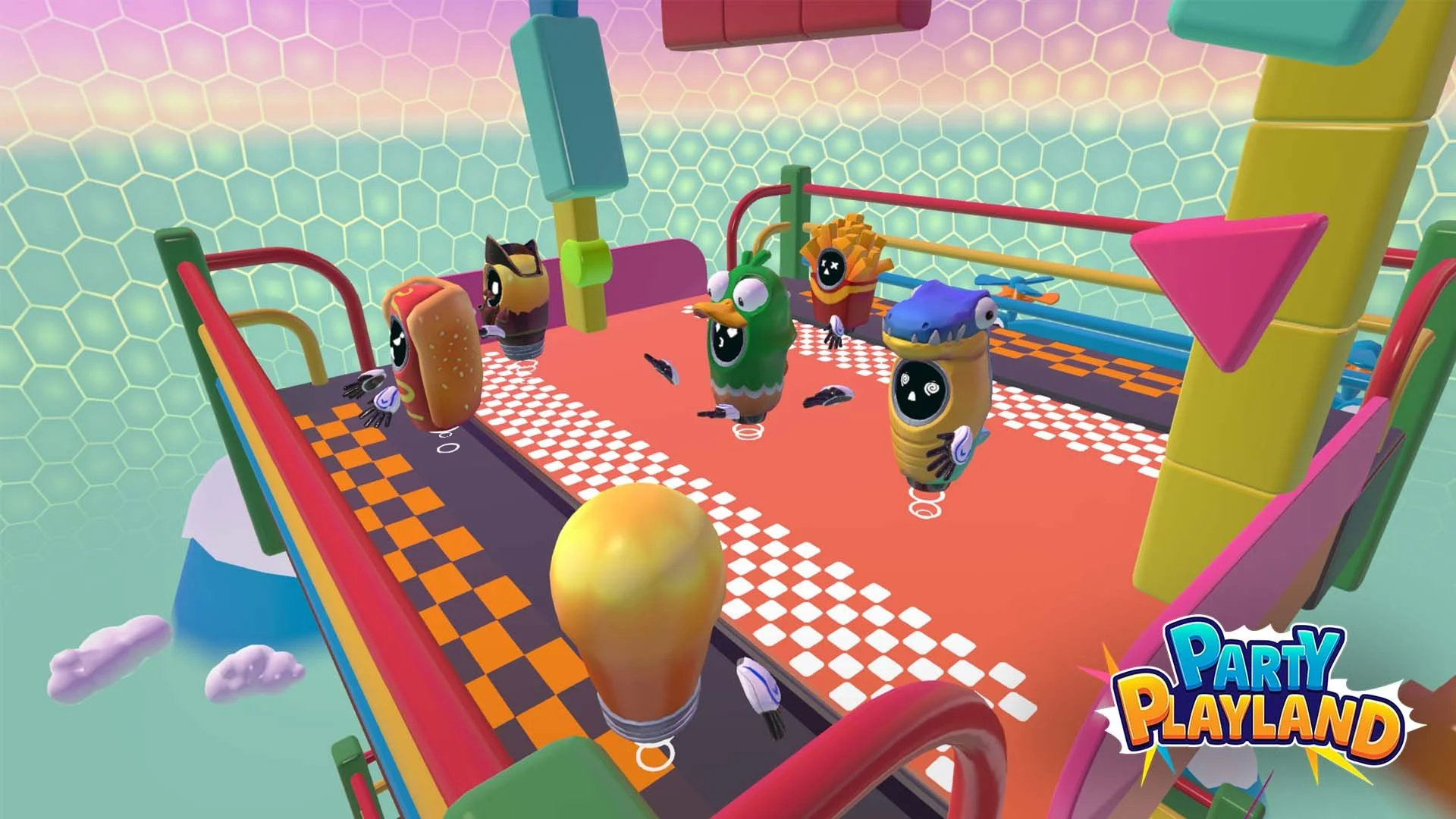 Colorful animated scene of characters with food-themed heads on a game show stage. The characters include a hot dog, a cat, a duck, a box of fries, and a shark, standing on a checkered platform with a pink background and a honeycomb pattern. The scen