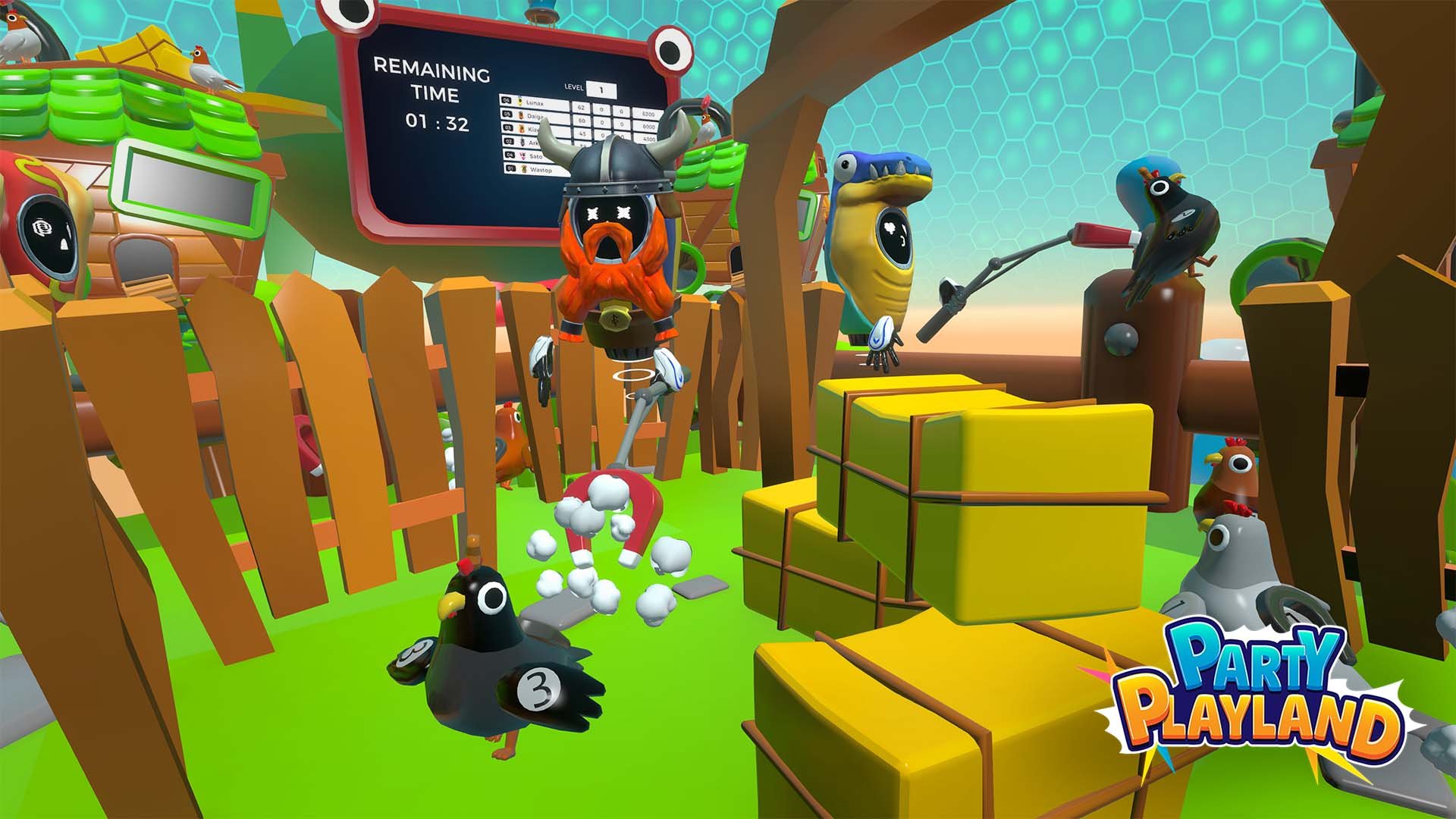 Colorful cartoon-themed game area with animated characters, boxes, and a large screen showing game information, with a logo that says 'Party Playland' in the bottom right corner. Kids VR game