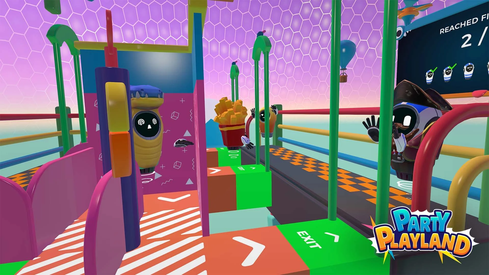 Colorful indoor arcade with game theme, featuring a small robot with a smiley face, a popsicle shaped element, and a bright pink, purple, and green color scheme. Includes an 'EXIT' sign and a game display in the background with flashing symbols.  Kid