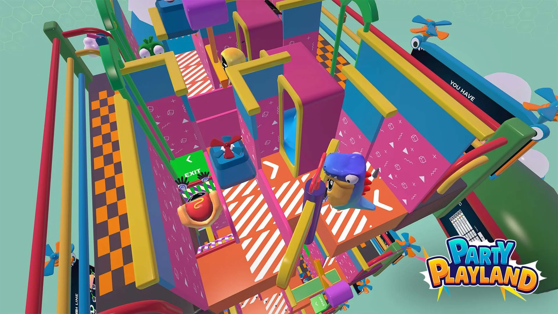 Colorful animated indoor playground with slides, climbing areas, and various obstacles, designed for children's entertainment, with the PlayPart party logo in the bottom right corner.  Kids VR game