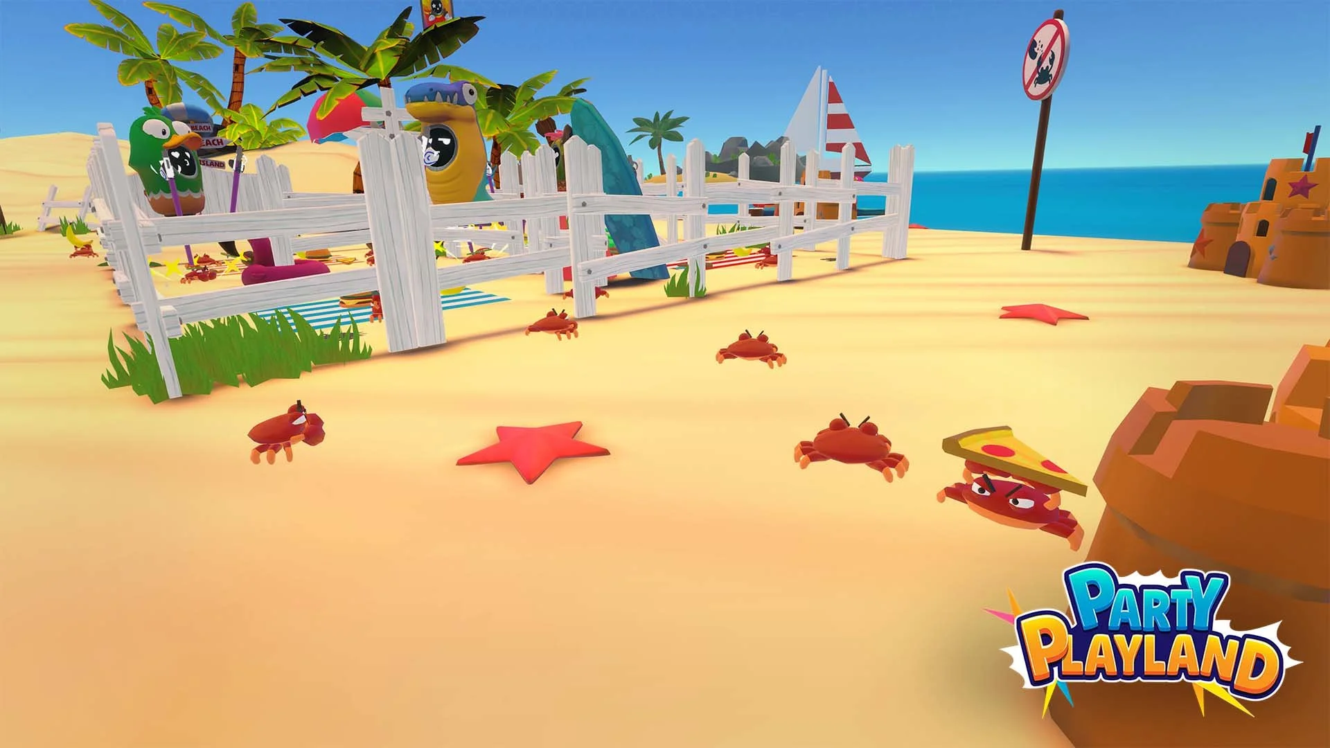 A colorful animated beach scene with cartoon crabs, some wearing pizza slice hats, playing on the sand. In the background, there are palm trees, a white picket fence, and a blue ocean with a dock and sailboats. A sign with a dog symbol and a sandcast