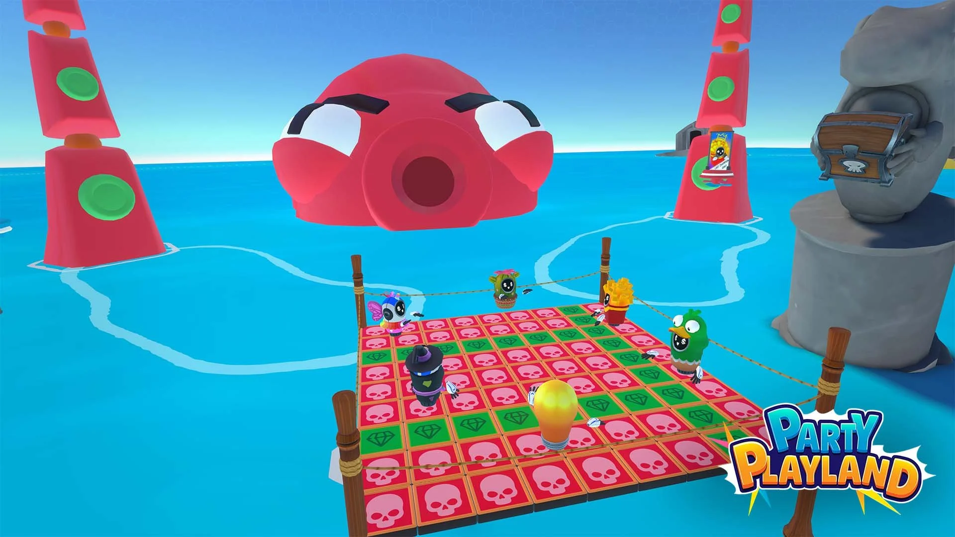 In-game scene from Party Playland game showing a floating platform with skull and gem tiles, surrounded by colorful character figures, with a giant red and pink crab face and lighthouse structures in the water. Kids VR game
