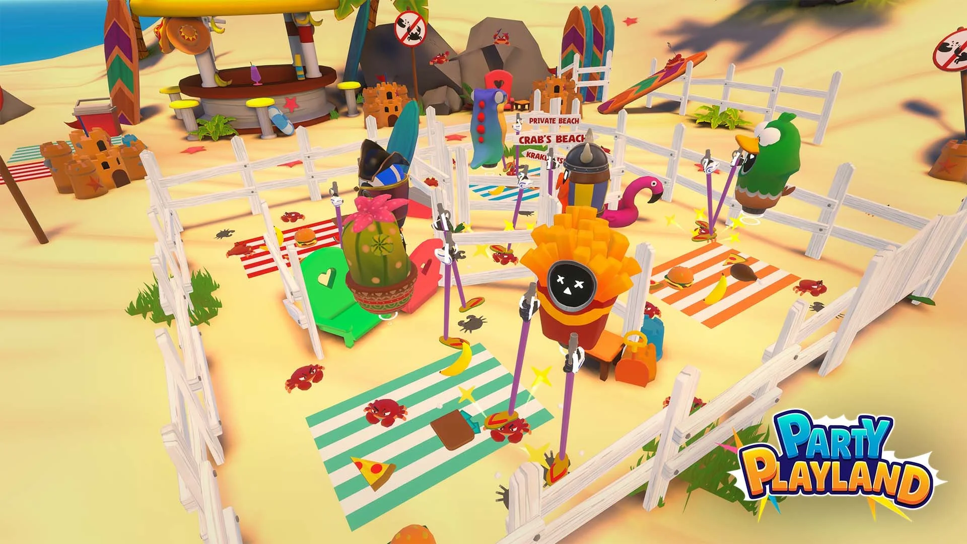 Colorful digital illustration of a playful, cartoon-style beach playground with various attractions like a slide, a swing, and a sandbox, surrounded by a white picket fence, with signs indicating private beach and crab crossing. The scene includes vi