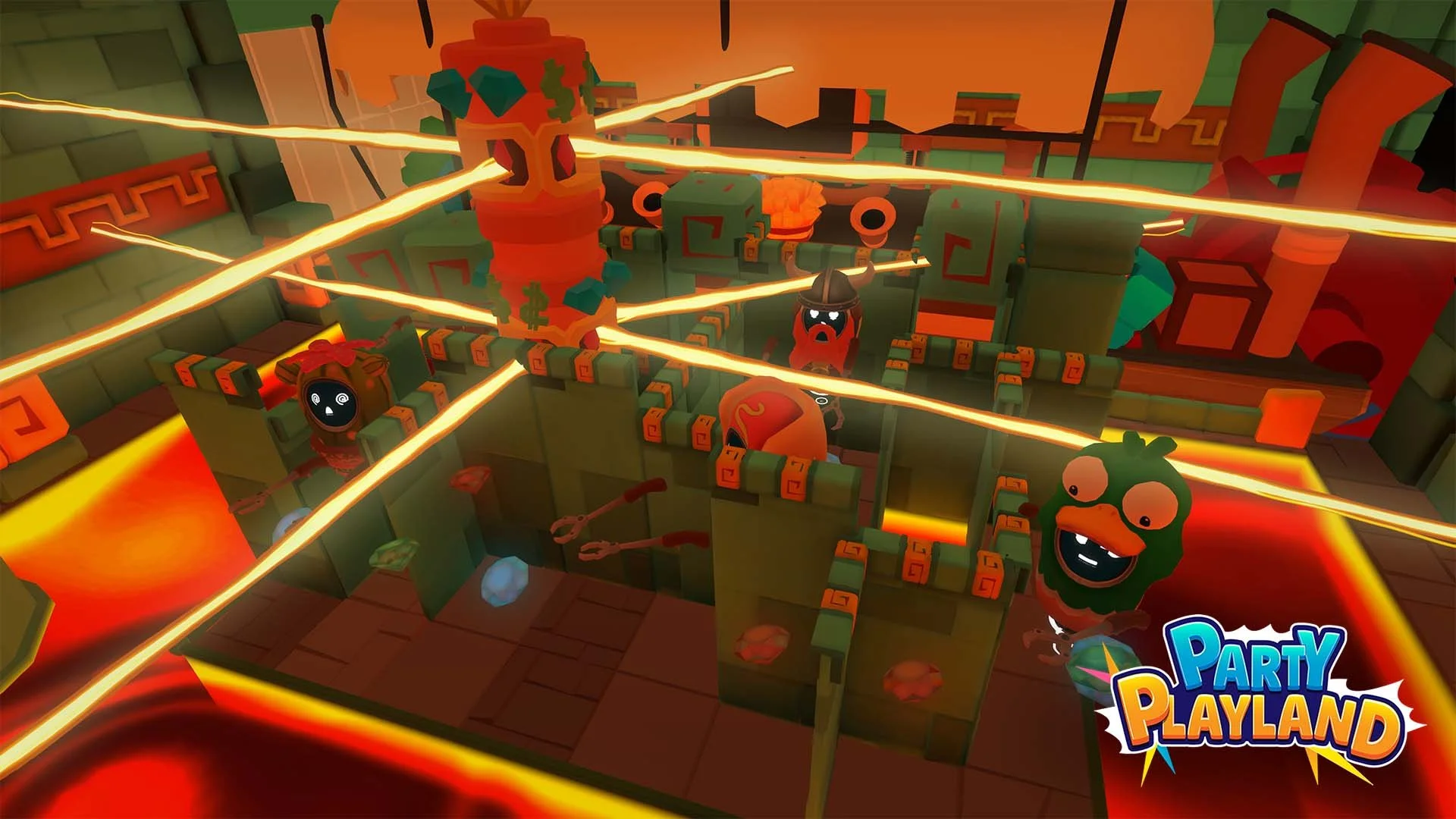 Colorful video game scene with small, animated characters inside a temple with lava floors and laser beams crossing through. The scene appears chaotic and lively, with the logo 'Party Playland' in the bottom right corner. Kids VR game