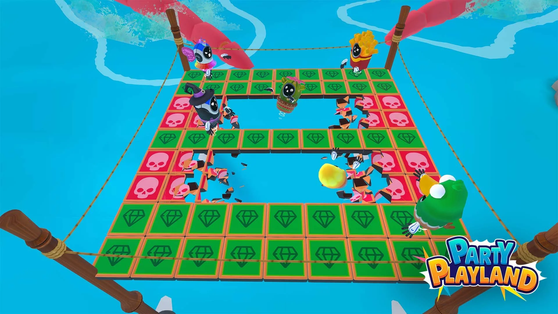 Colorful board game with cartoon animals, some breaking tiles, on a blue background with clouds and mountains, and the Party Playland logo in the bottom right corner. Kids VR game