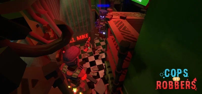 A colorful, blocky, voxel-style video game scene with characters in a bar or arcade setting. The scene features checkered flooring, neon signs, and a logo that says 'COPS vs ROBBERS' in the bottom right corner. a V.R. Shooter game
