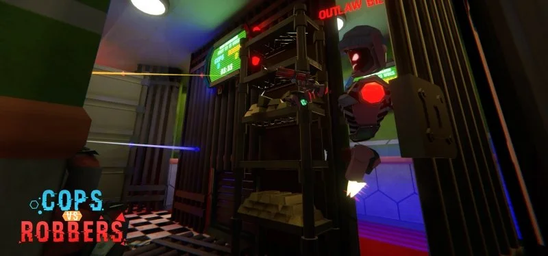 Inside a room with neon lights and digital screens, a robot with red glowing eyes stands near a keypad and a black tower with a weapon attached, with a sign that reads 'OUTLAW BUST' and a poster that says 'COPS VS ROBBERS'.  a V.R. Shooter game