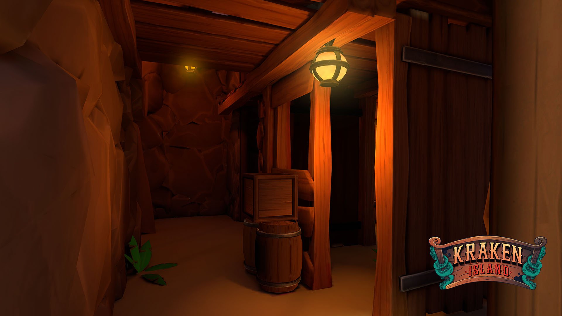 Wooden interior with warm lighting, barrels, and a small wooden chest on top of a barrel, with a 'Kraken Island' logo in the bottom right corner.  Kids VR shooter game