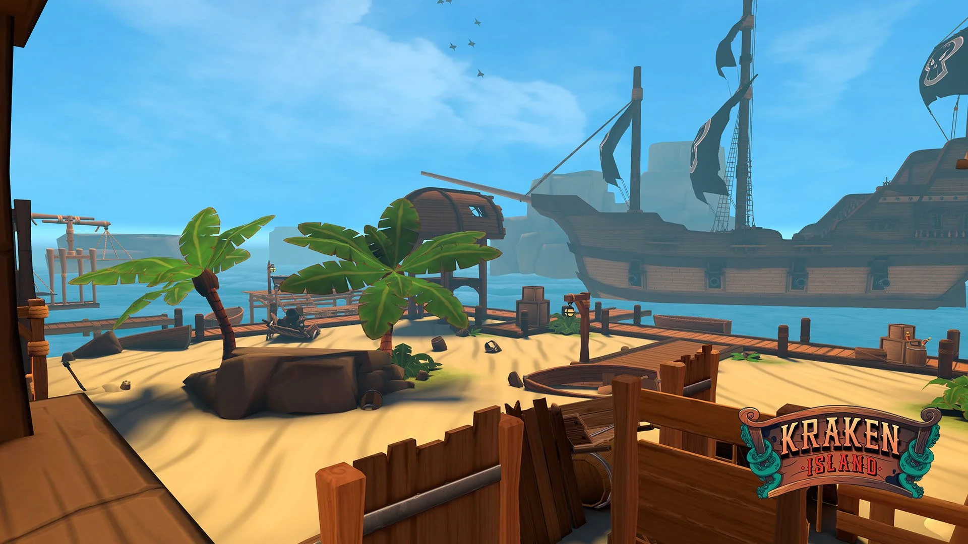 A digital scene of a pirate-themed island with a sandy beach, palm trees, a wooden dock, and a large sailing ship in the water. There are scattered rocks, barrels, and crates on the island, and a sign in the foreground that reads "Kraken Island."  