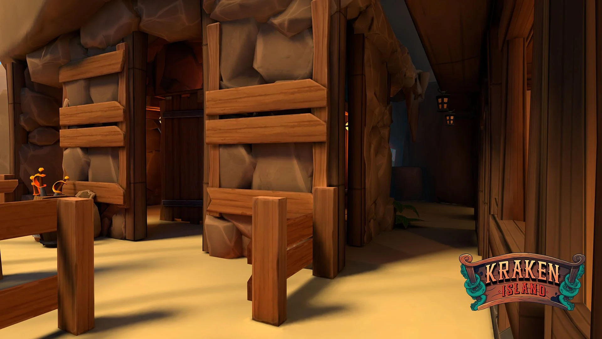 Interior of a wooden structure on Kraken Island, featuring wooden beams and a stone wall, with a sign displaying 'Kraken Island' in the bottom right corner. Kids VR shooter game