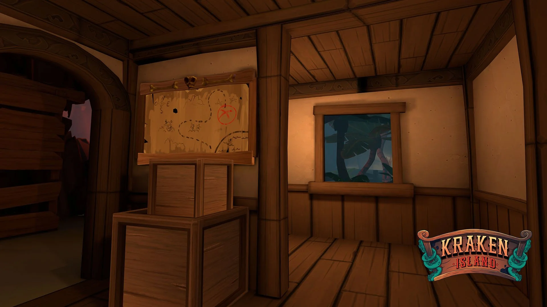 Interior of a wooden room with a window showing trees outside, a bulletin board with a map and a red circle, and a logo reading 'Kraken Island' at the bottom right corner. Kids VR shooter game