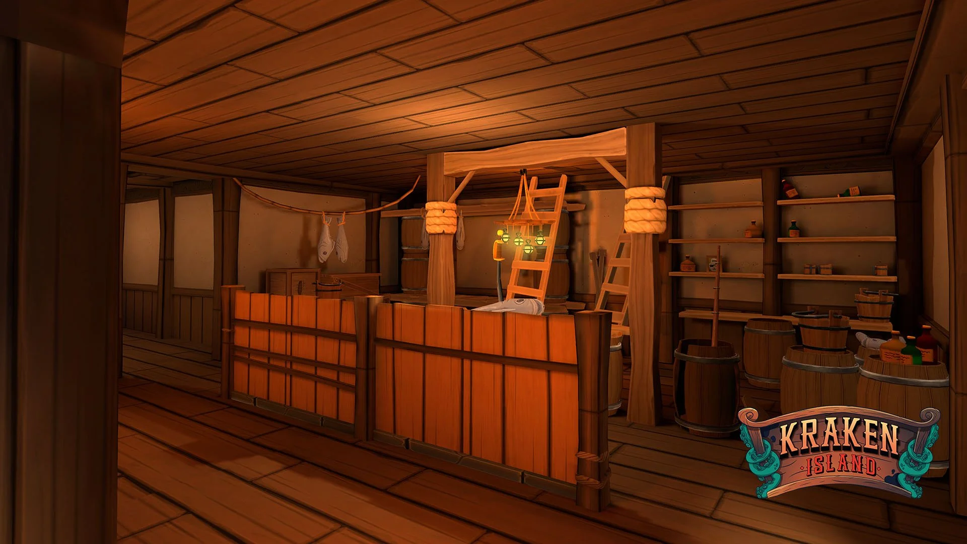 Interior of a ship deck with wooden furniture, barrels, shelves with bottles, and a sign that reads 'Kraken Island' at the bottom right. Kids VR shooter game