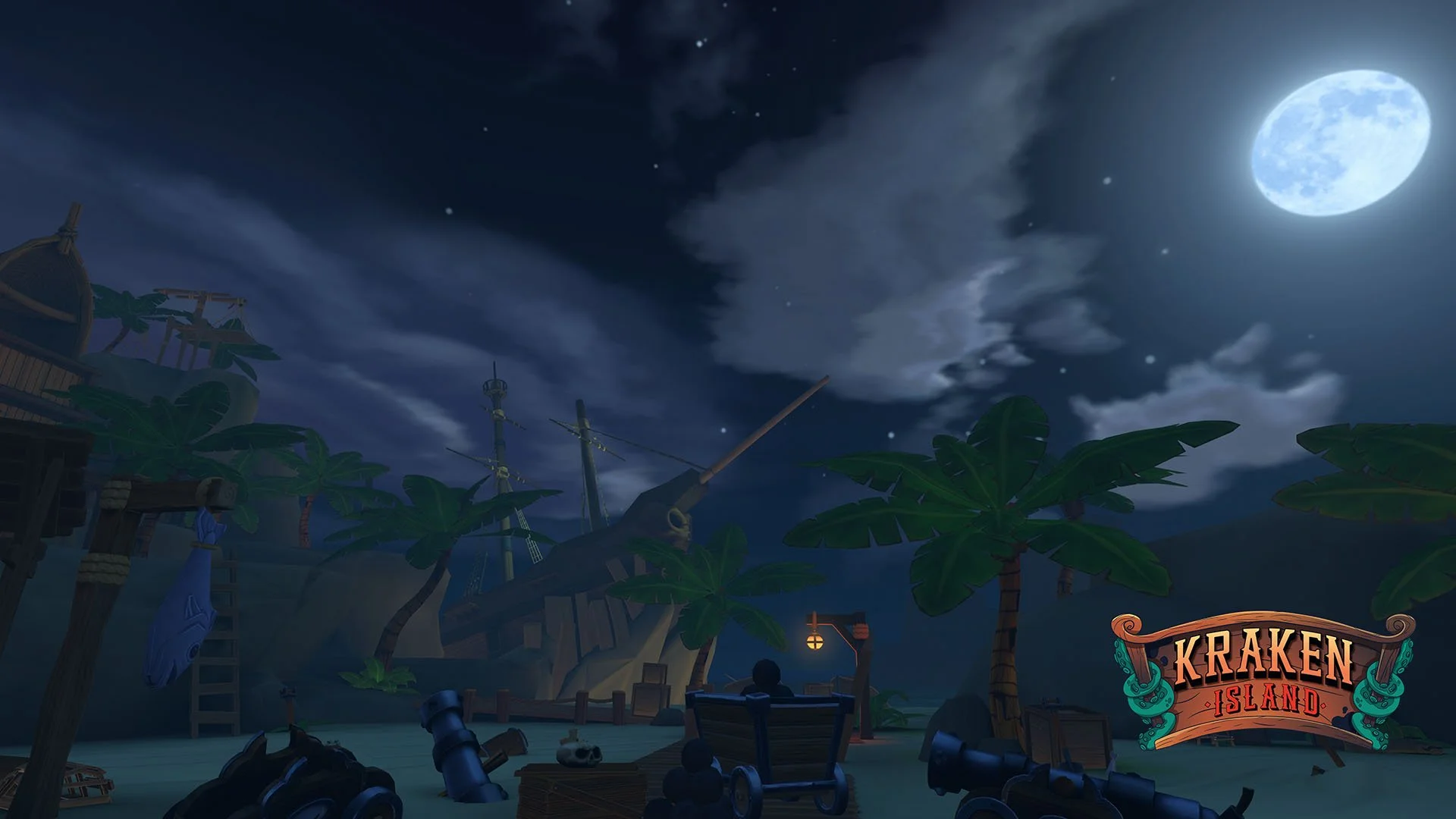 A moonlit pirate-themed island scene with palm trees, a shipwreck, and pirate cannons. The sky is cloudy with a bright full moon, and the Kraken Island logo is in the bottom right corner. Kids VR shooter game