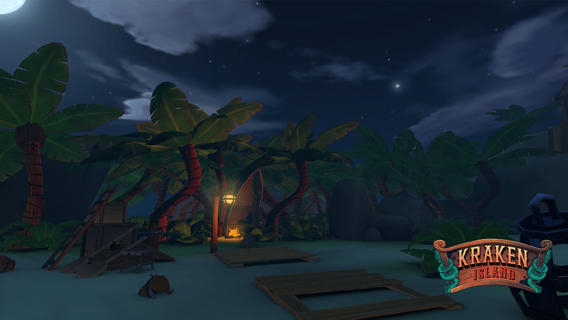 Nighttime scene on Kraken Island with palm trees, wooden dock, crates, shovel, and glowing lanterns, under a starry sky with clouds.  Kids VR shooter game