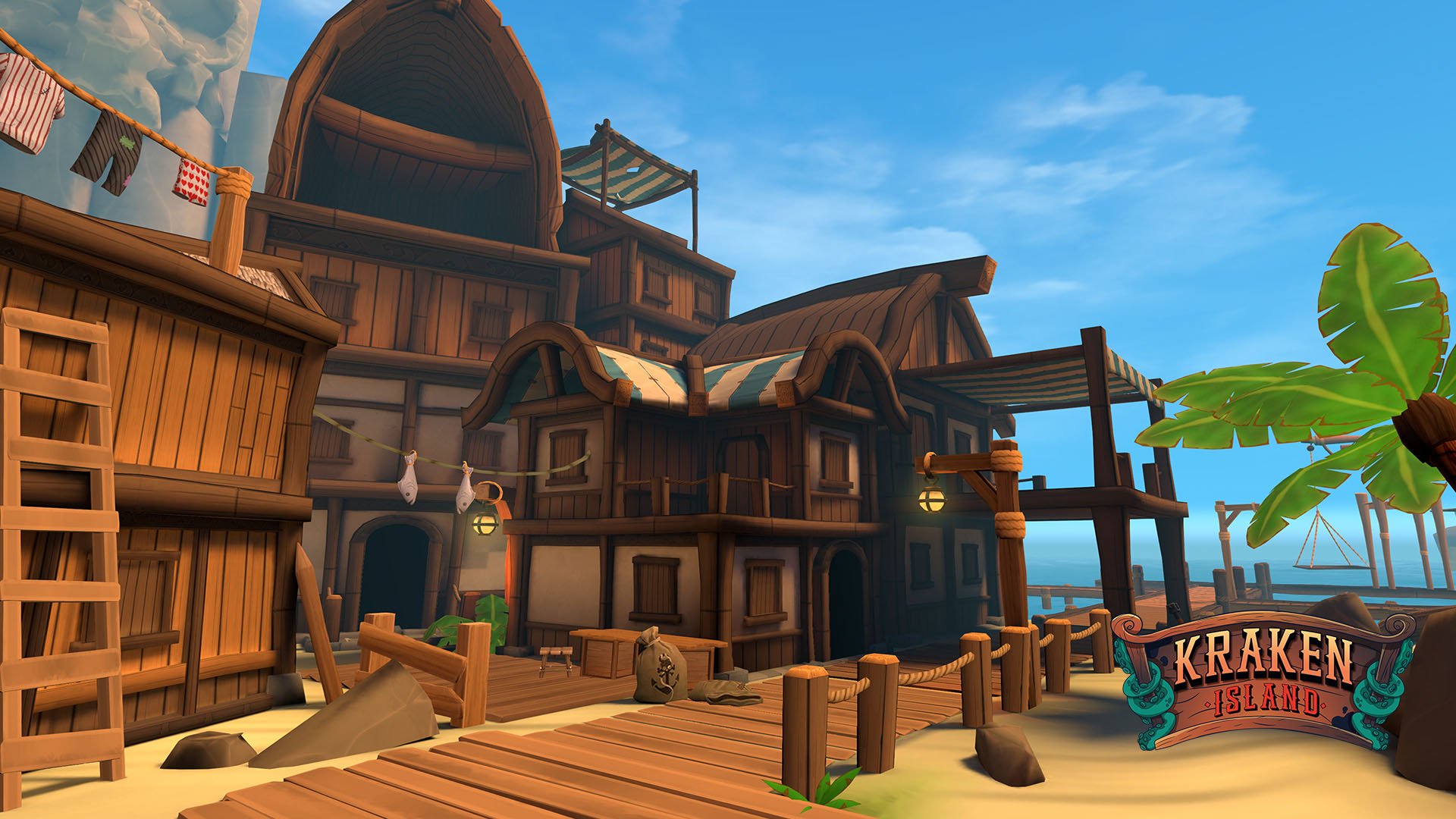 Animated wooden buildings on a sandy beach with a palm tree and clear blue sky, part of Kraken Island in a video game setting. Kids VR shooter game