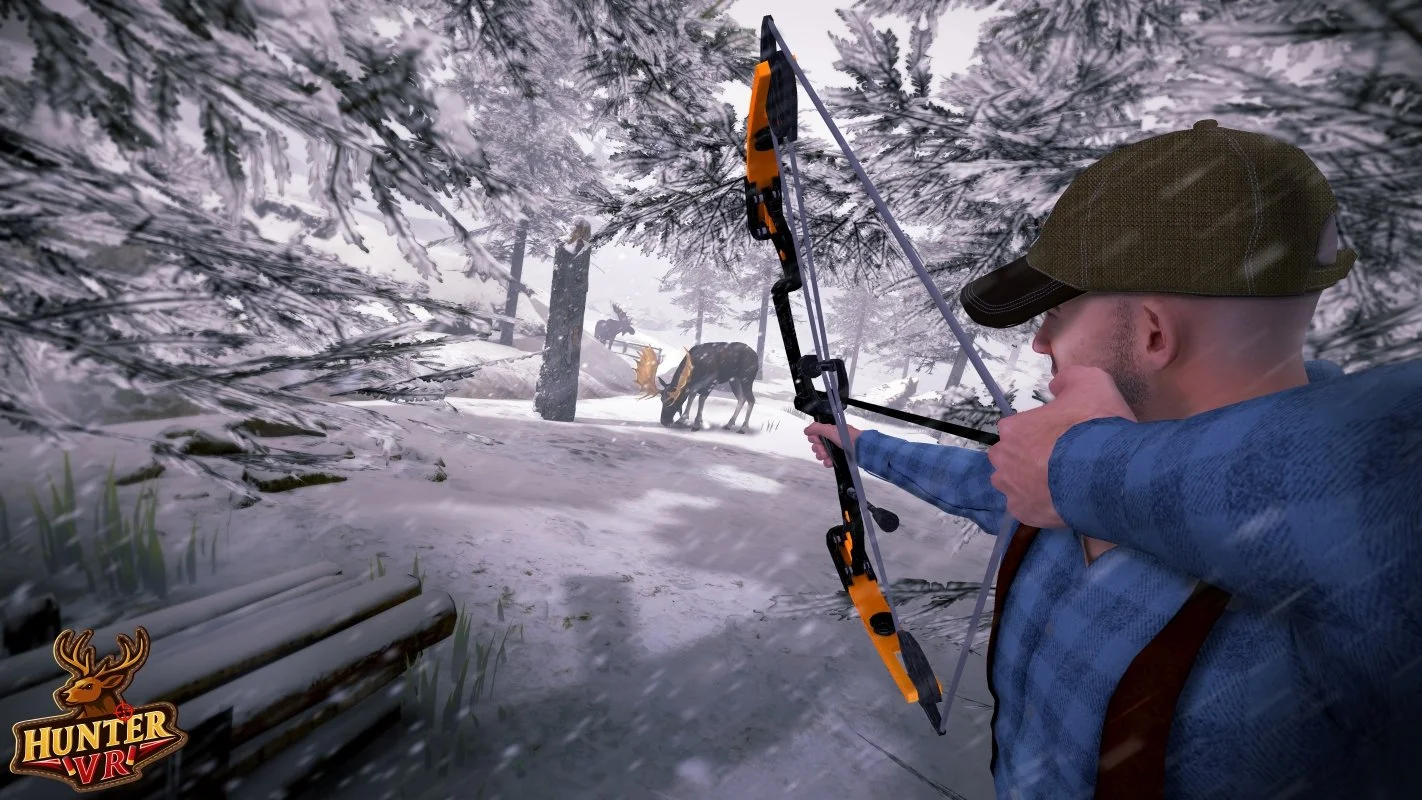 A man with a beard and a green cap aiming a bow and arrow in a snowy forest with trees and moose in the background. A VR shooter game
