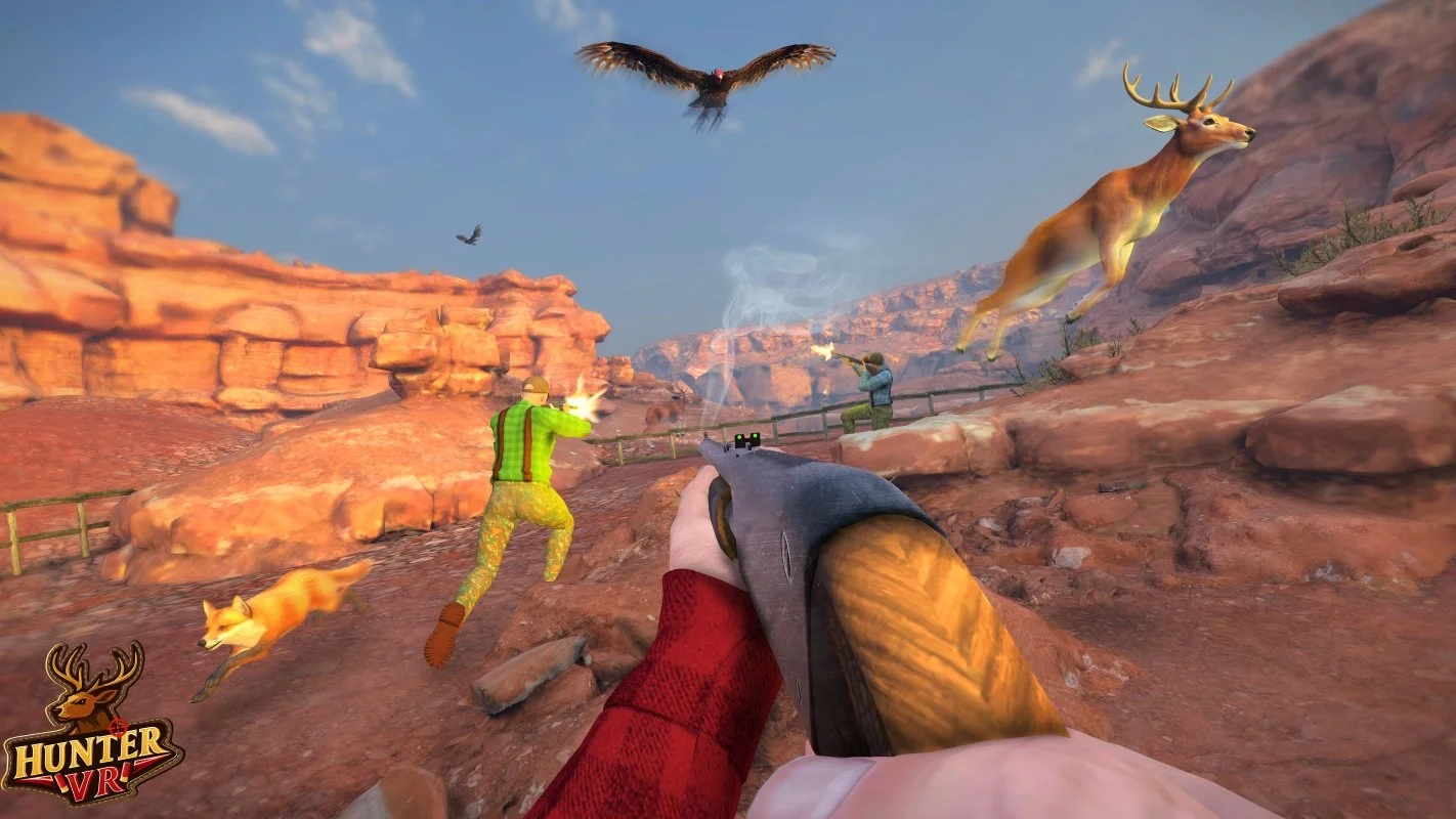 A video game scene with a first-person shooter perspective, featuring a hand holding a gun, aiming at two hunters and a dog. The background includes rocky terrain, a deer with antlers, and flying birds in the sky. A VR shooter game