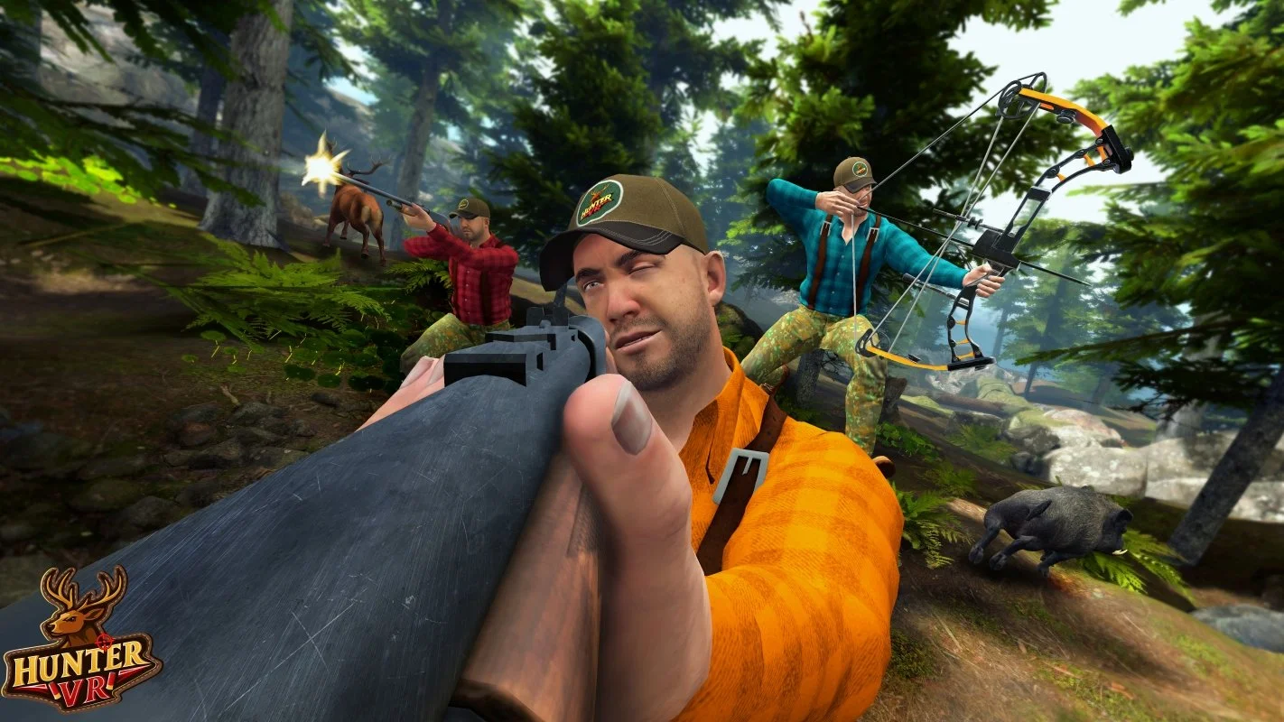 Virtual reality hunting scene with three men in a forest, one aiming a firearm, another preparing to shoot with a bow, and a third aiming a rifle at a deer. A VR shooter game