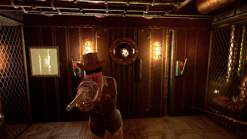 A mannequin in a Western-themed outfit pointing a gun, with a hat and bandana, inside a dark, vintage-style room with metal walls and lighting. Runaway Train VR Escape Room