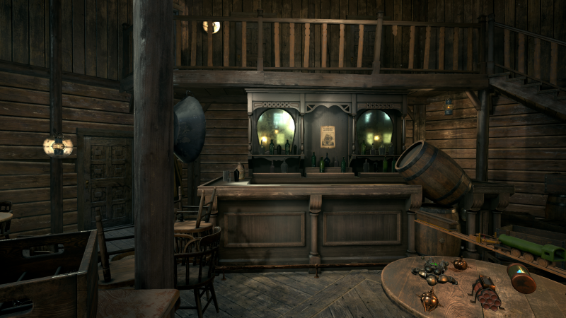 Interior of an old wooden saloon with a bar counter, a large mirror, and vintage items including a barrel and toys. Runaway Train VR Escape Room