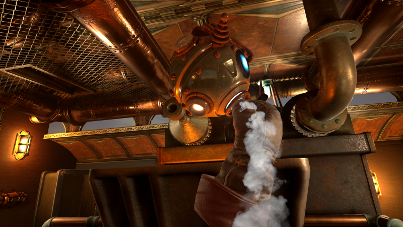 Person in a steampunk-style costume with a robotic helmet, reaching out to a large industrial machine with pipes and gauges, emitting steam in a dimly lit room with vintage decor. Runaway Train VR Escape Room