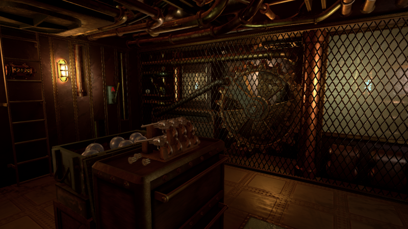 An underground room with industrial equipment, pipes on the ceiling, safety gear, and a large machine behind a metal mesh. Runaway Train VR Escape Room