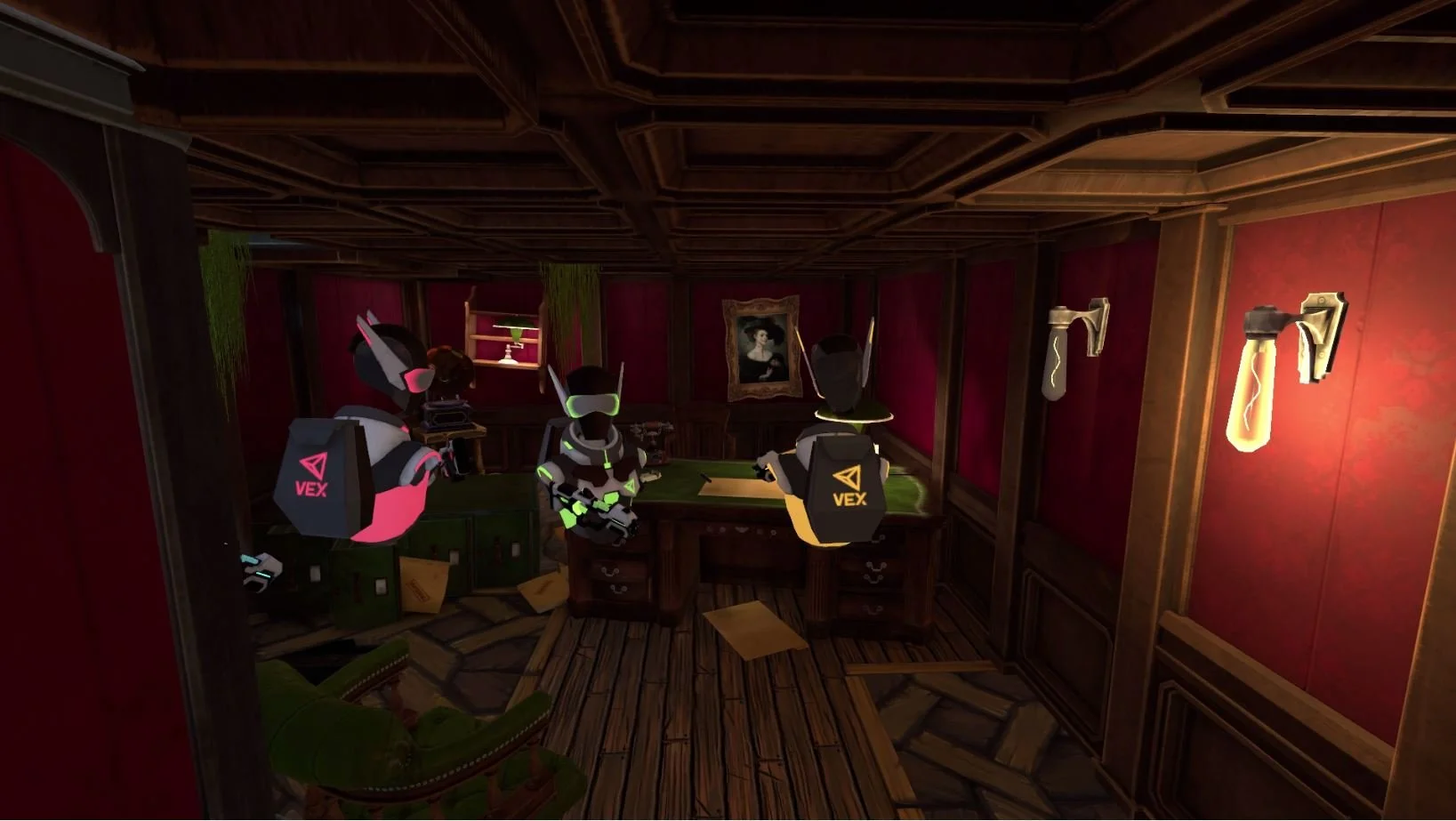 Three video game characters with VEX logos on their backpacks sit around a desk in a Victorian-style room with red walls, framed portraits, and hanging light bulbs, in a virtual environment. VR zombie shooter