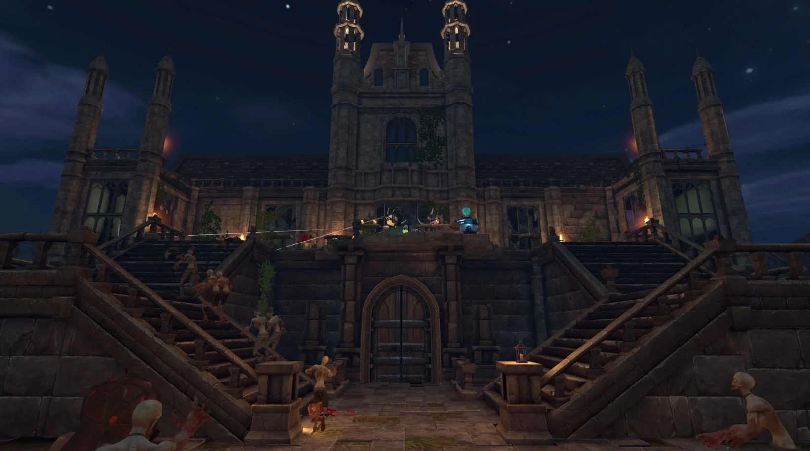Nighttime scene of a large stone castle with illuminated windows and stairs leading up to the entrance, surrounded by zombie characters attacking and climbing the stairs. VR zombie shooter