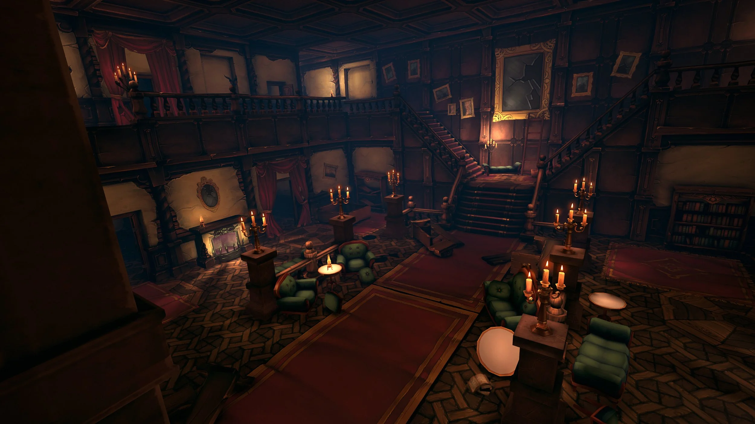 Dimly lit, grand wood-paneled mansion interior with a staircase, green armchairs, chandeliers, and framed art on the walls. VR zombie shooter