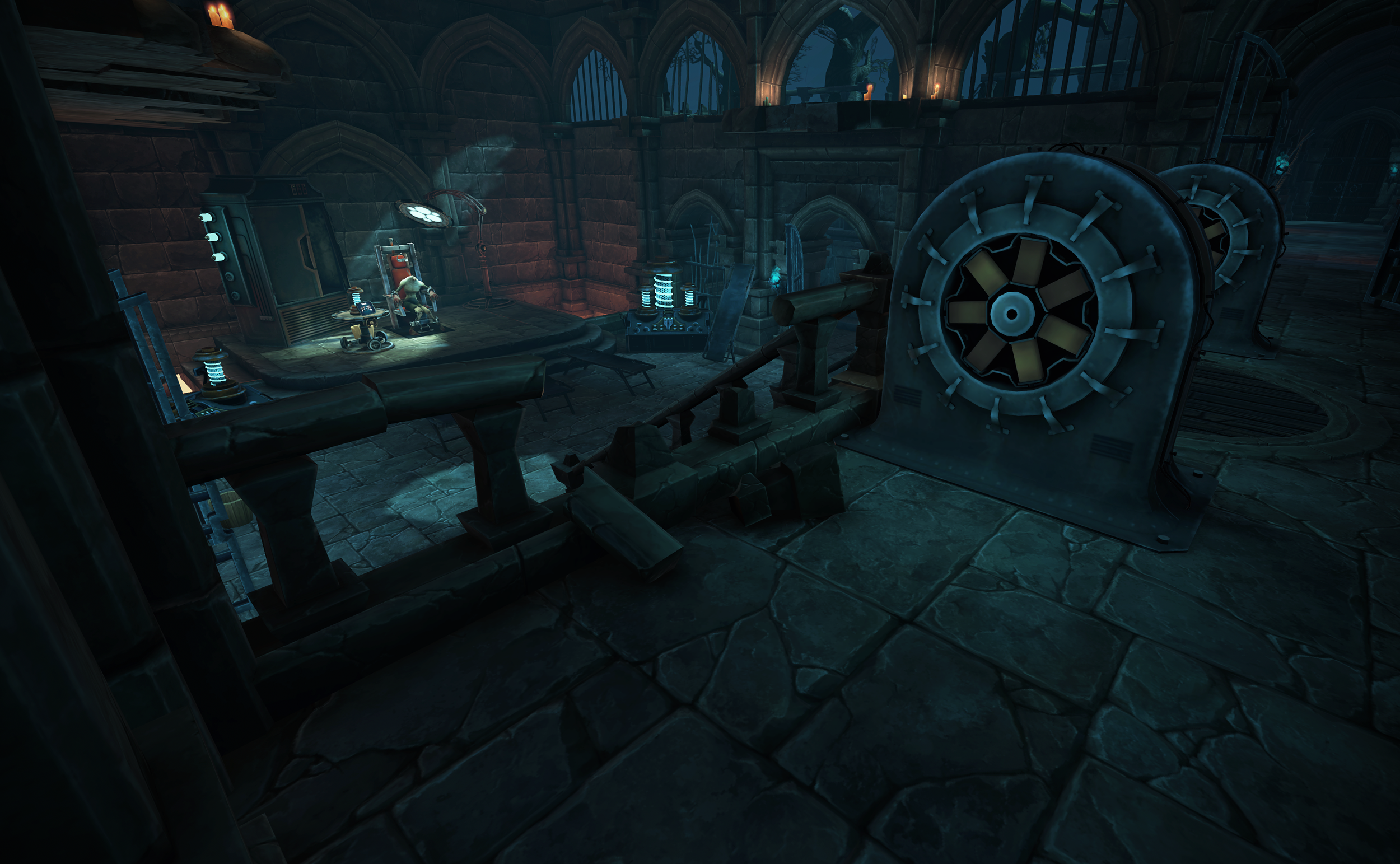 A dimly lit, medieval-style laboratory with advanced technology and machinery, including a large safe door and various scientific equipment. VR zombie shooter