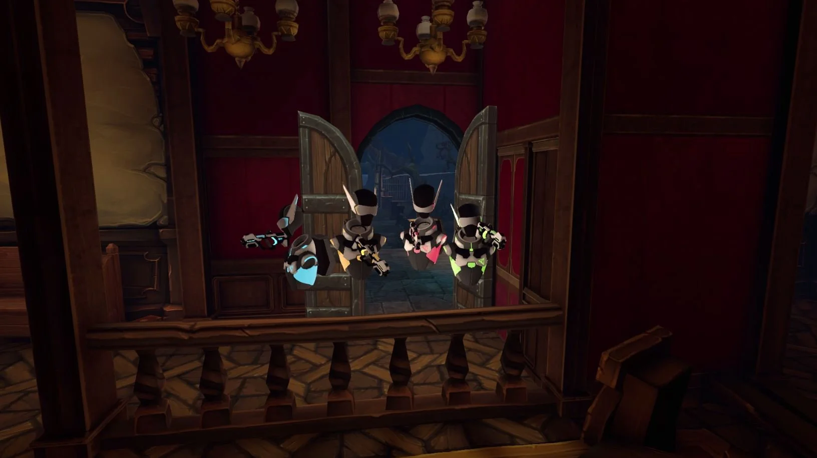 Four small animated characters dressed as ninjas with holographic helmets, crouching on a wooden balcony, looking through a window in a dark, cozy room with red walls, wooden trim, and a chandelier hanging from the ceiling.