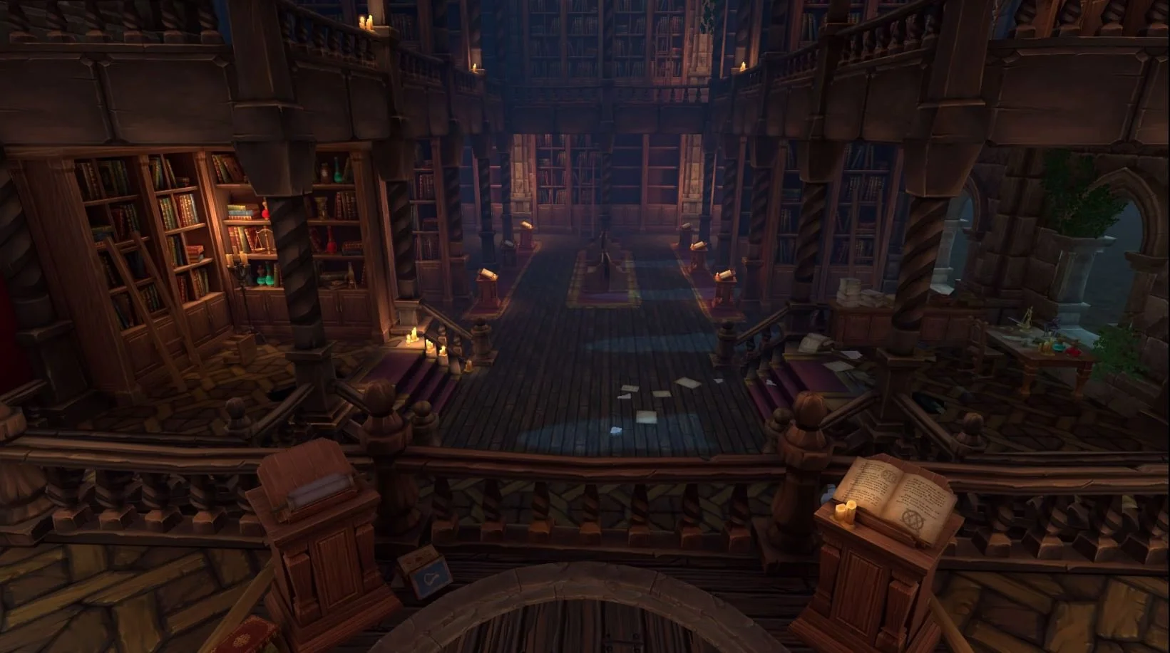 A grand, ancient library with tall bookshelves, wooden floors, and candles illuminating the room. Books and scattered papers are on the floor and tables, with a staircase leading to an upper level. VR zombie shooter