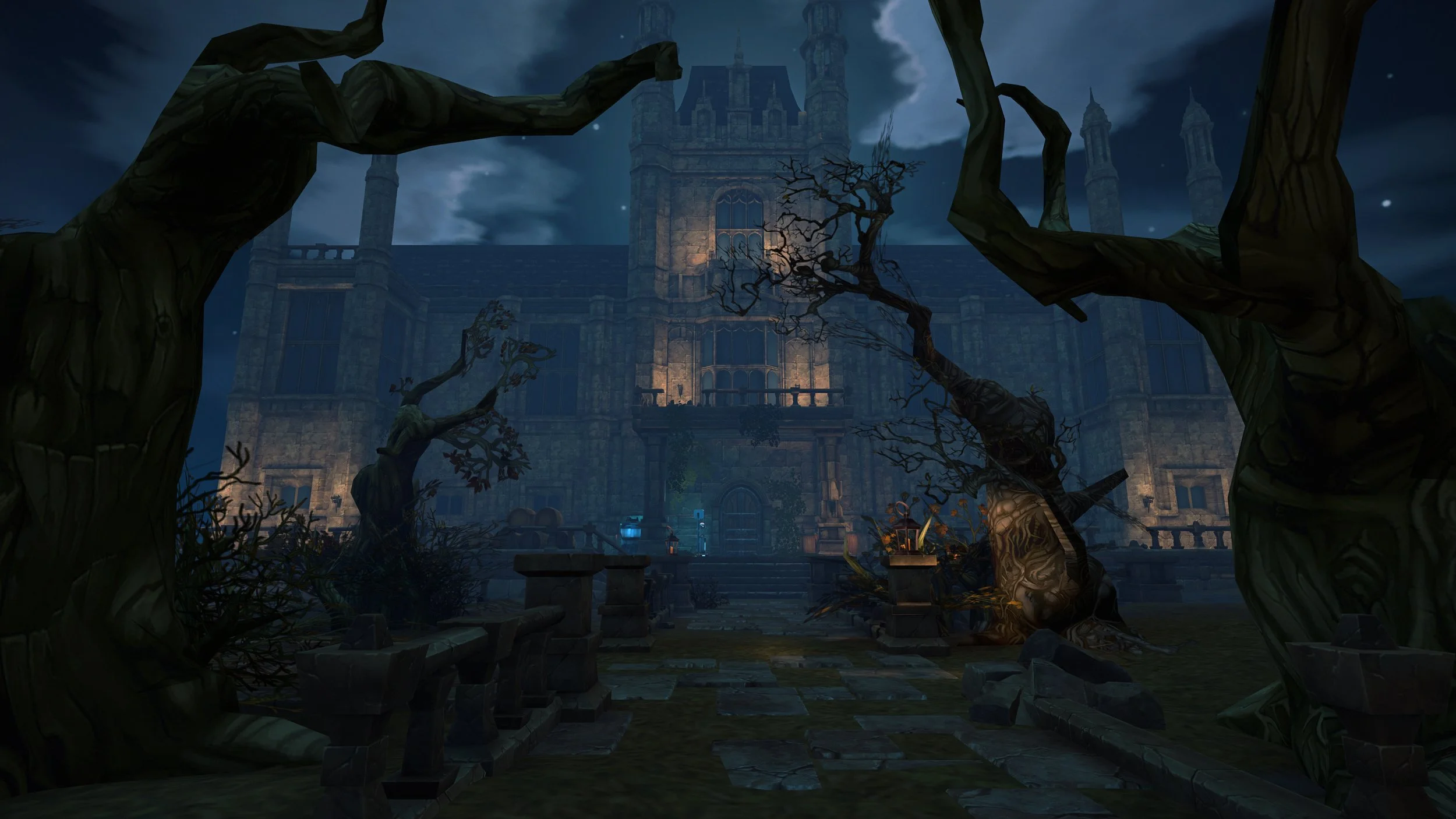 Dark, eerie mansion with twisted, leafless trees in front, glowing lanterns, and a cloudy night sky. VR zombie shooter