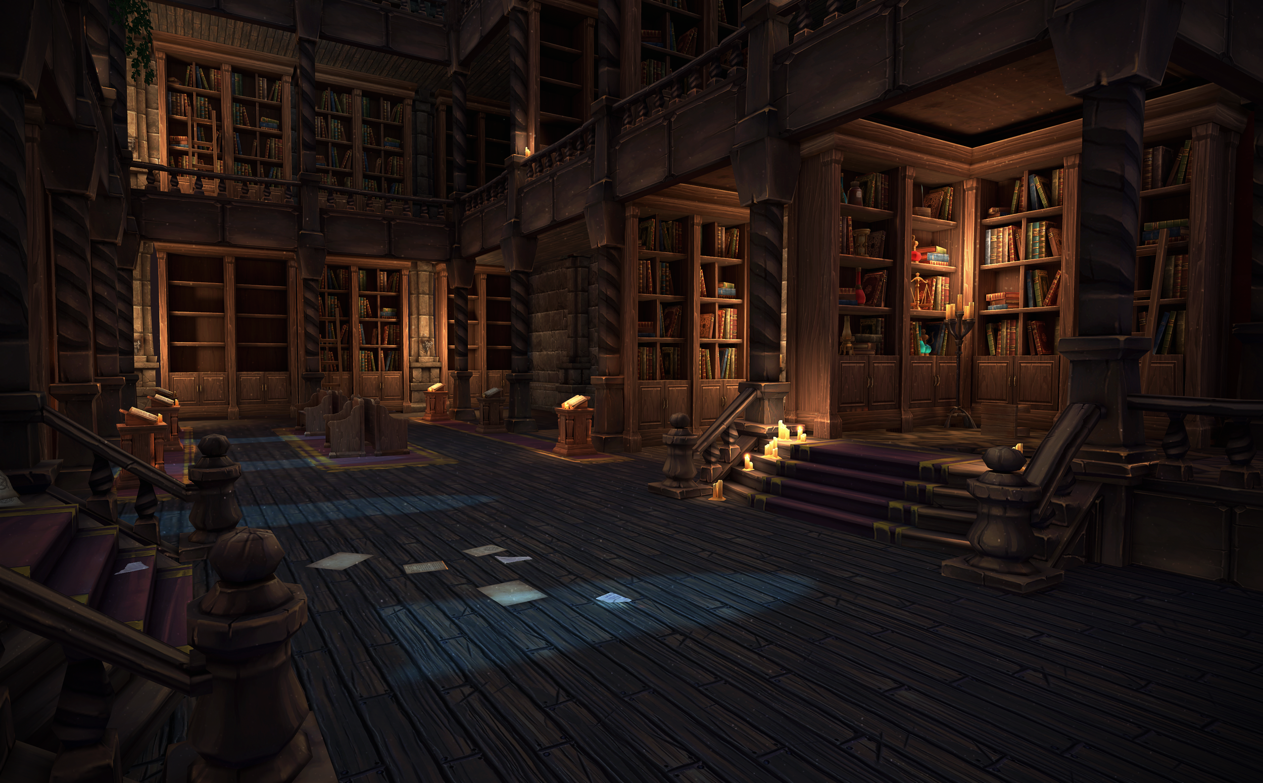 A dark, medieval-style library with high wooden bookshelves, candles on stands, stairs, and scattered papers on the wooden floor. VR zombie shooter
