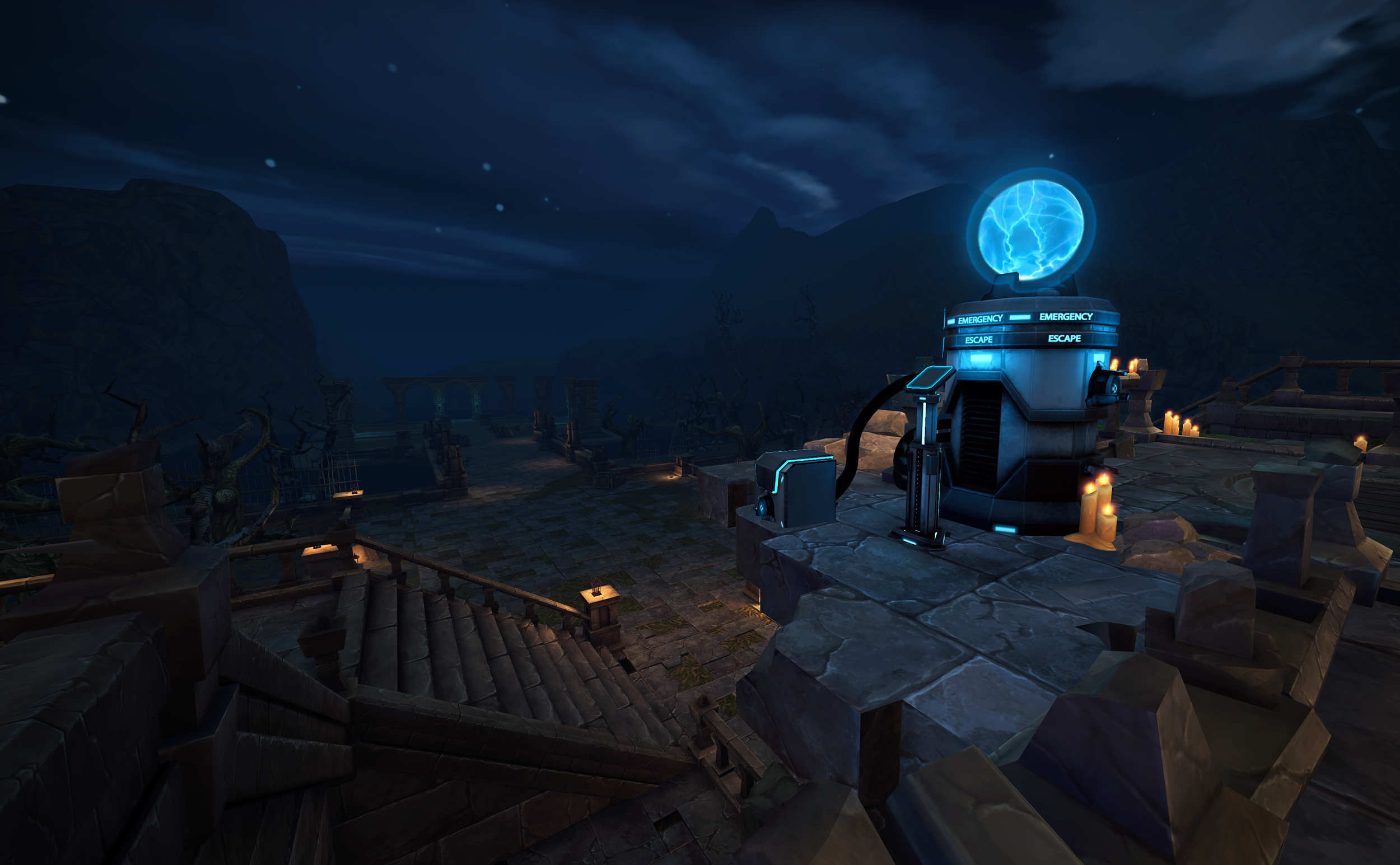 A dark, eerie outdoor scene at night with a blue, glowing electricity sphere on top of a machine marked 'EMERGENCY' and 'ESCAPE,' surrounded by candles, broken stairs, and leafless trees in the background. VR zombie shooter