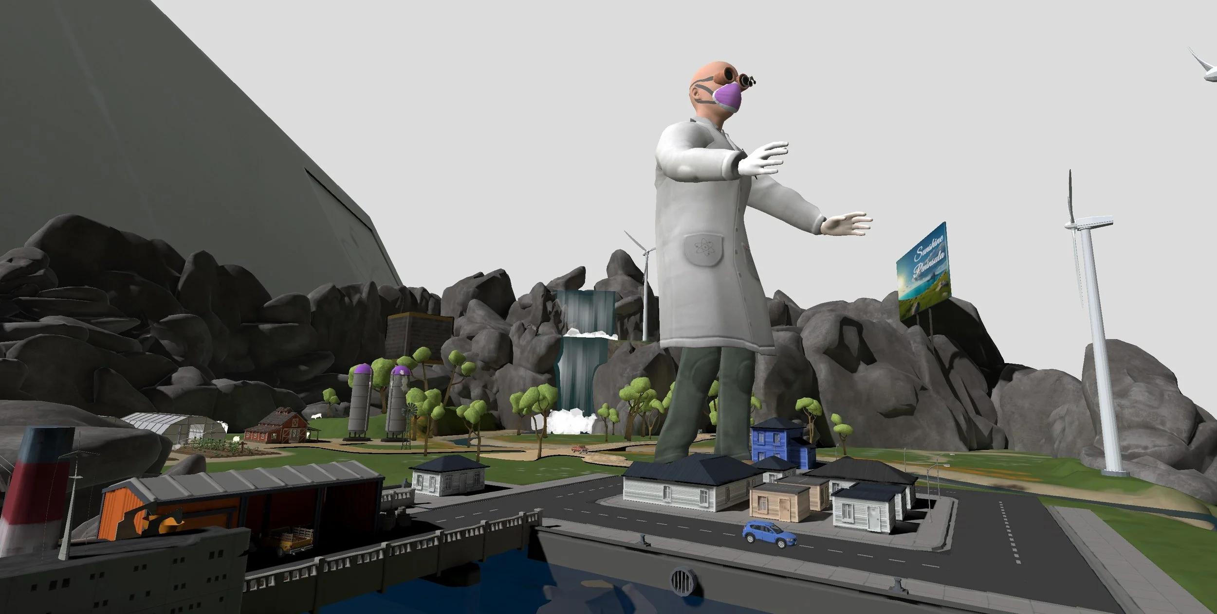 A large animated scientist figure with goggles and a mask towers over a miniature town scene with trees, houses, wind turbines, and a waterfall, set against a gray sky. A V.R. Escape room game