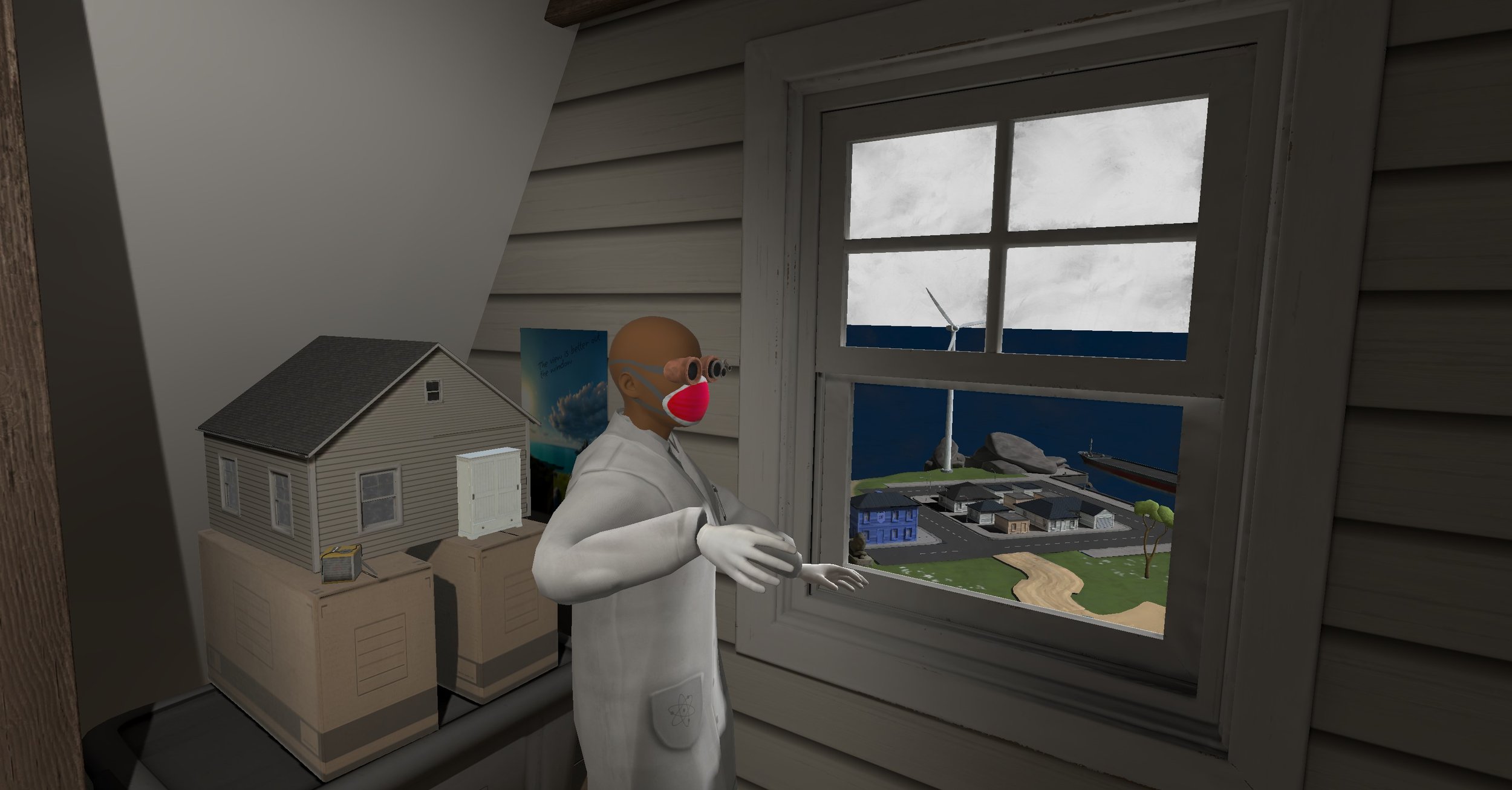Animated character in a white lab coat and face mask looking out of a window at a landscape with wind turbines, harbor, and buildings. A V.R. Escape room game
