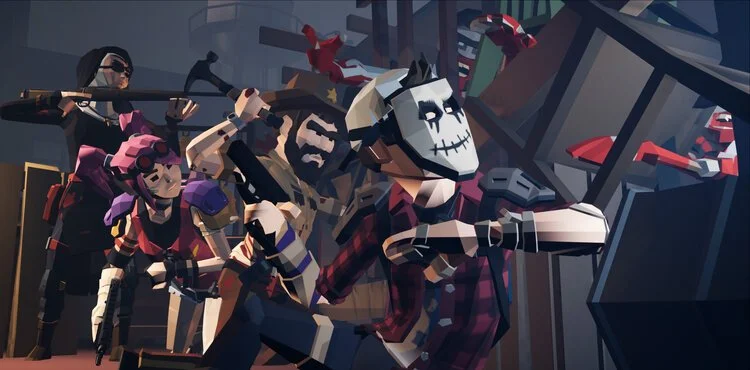 Animated characters in a video game scene, including a skeleton with a masked face, a zombie with a weapon, and other villainous figures in a dark, urban setting. Virtual Reality Games