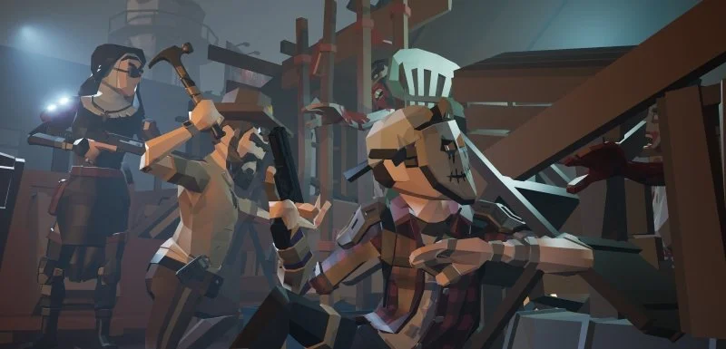 Video game scene with characters in armor fighting in a dark, industrial setting. Virtual Reality Games