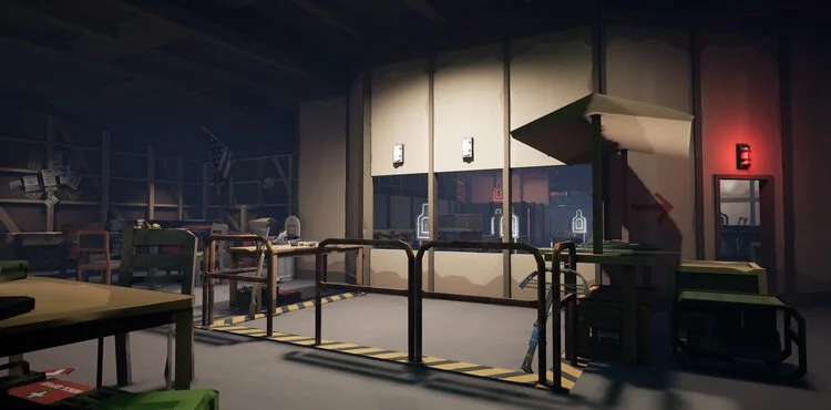 Empty airport boarding gate with closed glass doors, artwork, and seating area, illuminated by soft lighting. Virtual Reality Games