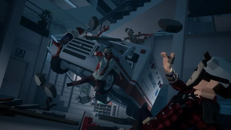 A chaotic scene with a toppled ambulance and an injured person inside, other injured individuals nearby, inside a building with stairs and shelves. Virtual Reality Games