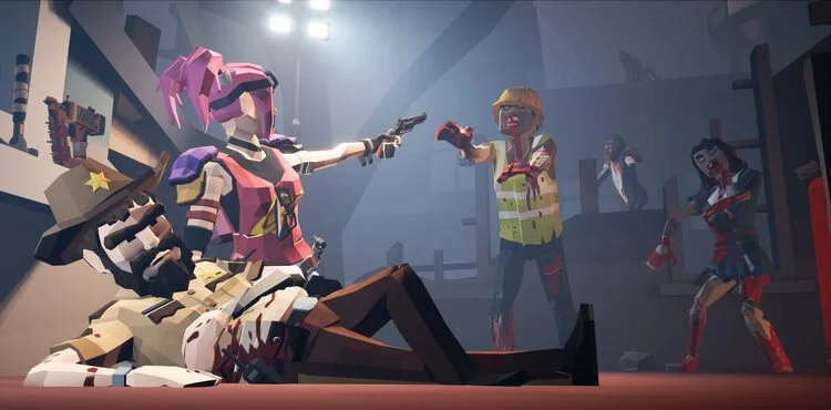 A digital illustration of a zombie apocalypse scene featuring cartoon-like characters in a warehouse or storage room, with a zombie woman holding a bloody knife and a frightened worker with a gun, surrounded by other zombies. Virtual Reality Games