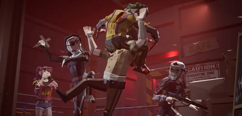 Cartoon-style characters in a boxing ring, with one character in mid-action jumping on another character who is holding a gun, surrounded by a dark, tense atmosphere with red lighting and caution signs. Virtual Reality Games