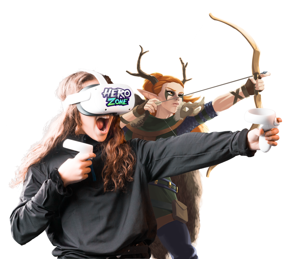 A person with long curly hair wearing a virtual reality headset labeled "Hero Zone" and holding a VR controller, next to an animated character with antlers and a bow, aiming a large shield.