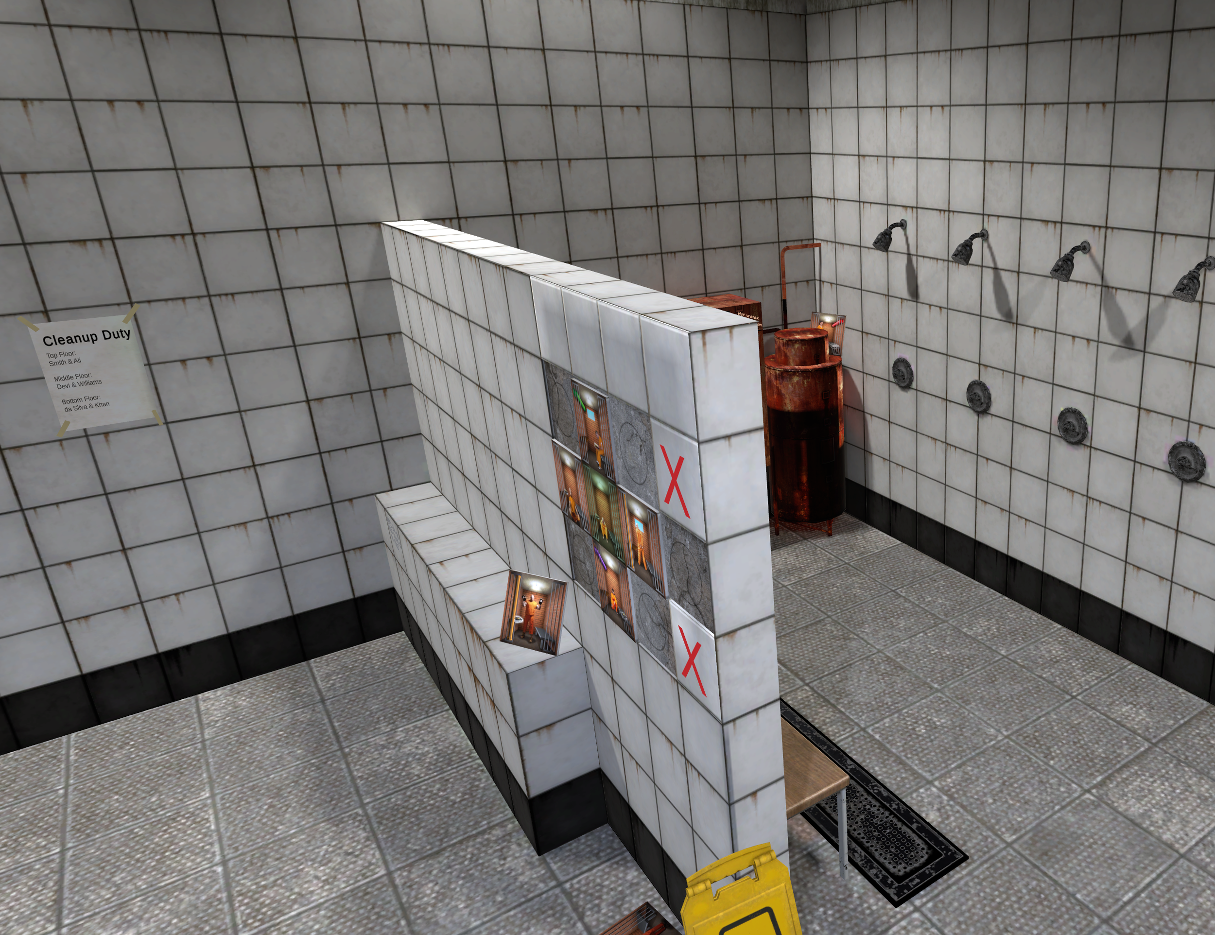A tiled walk-in shower area with five showerheads on the wall. A rusty water heater is in the corner, and a white tiled partition with pictures is nearby. A yellow caution sign and a wet floor mat are on the floor. B-Block Breakout VR Escape Room
