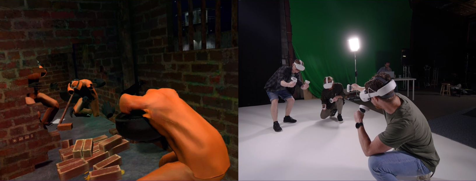 Left side shows a virtual reality game with a robot arm and bricks, right side shows four people wearing VR headsets engaging in a VR activity in a studio with green screen background.